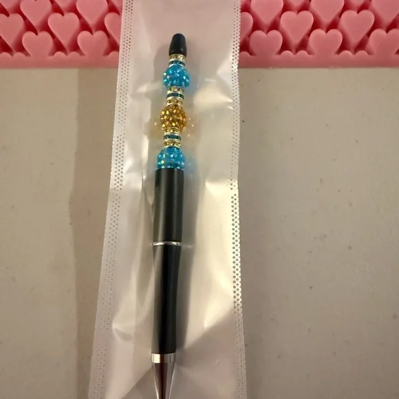Home made Blue and Gold  Bejeweled Beaded refillable ballpoint Pen - Picture 5 of 5